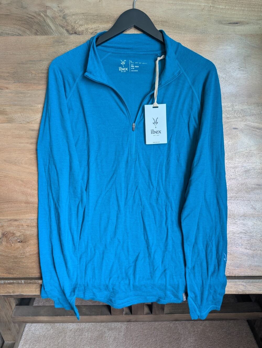 NWT Ibex Pro Tech 1/4 Zip Shirt Mens L Blue Merino Wool Stretch Thumbhole Sleeve